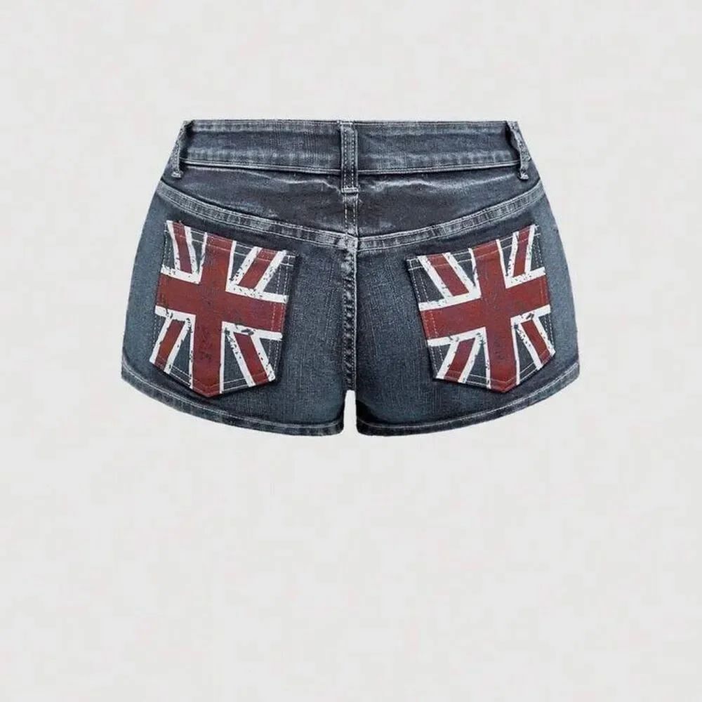 Women's Distressed Denim Cutoff Shorts British Union Jack Flag Back Pockets